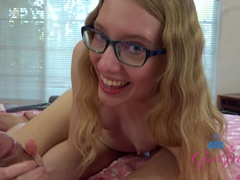 Nerdy blonde teen fitted with cock down her bush in marvelous home POV