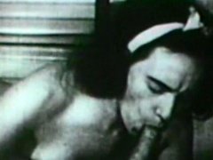 Retro brunette bending for cock